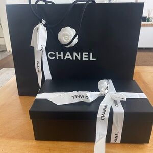 Chanel Black Box with shopping Bag signature Camellia flower and Ribbons.